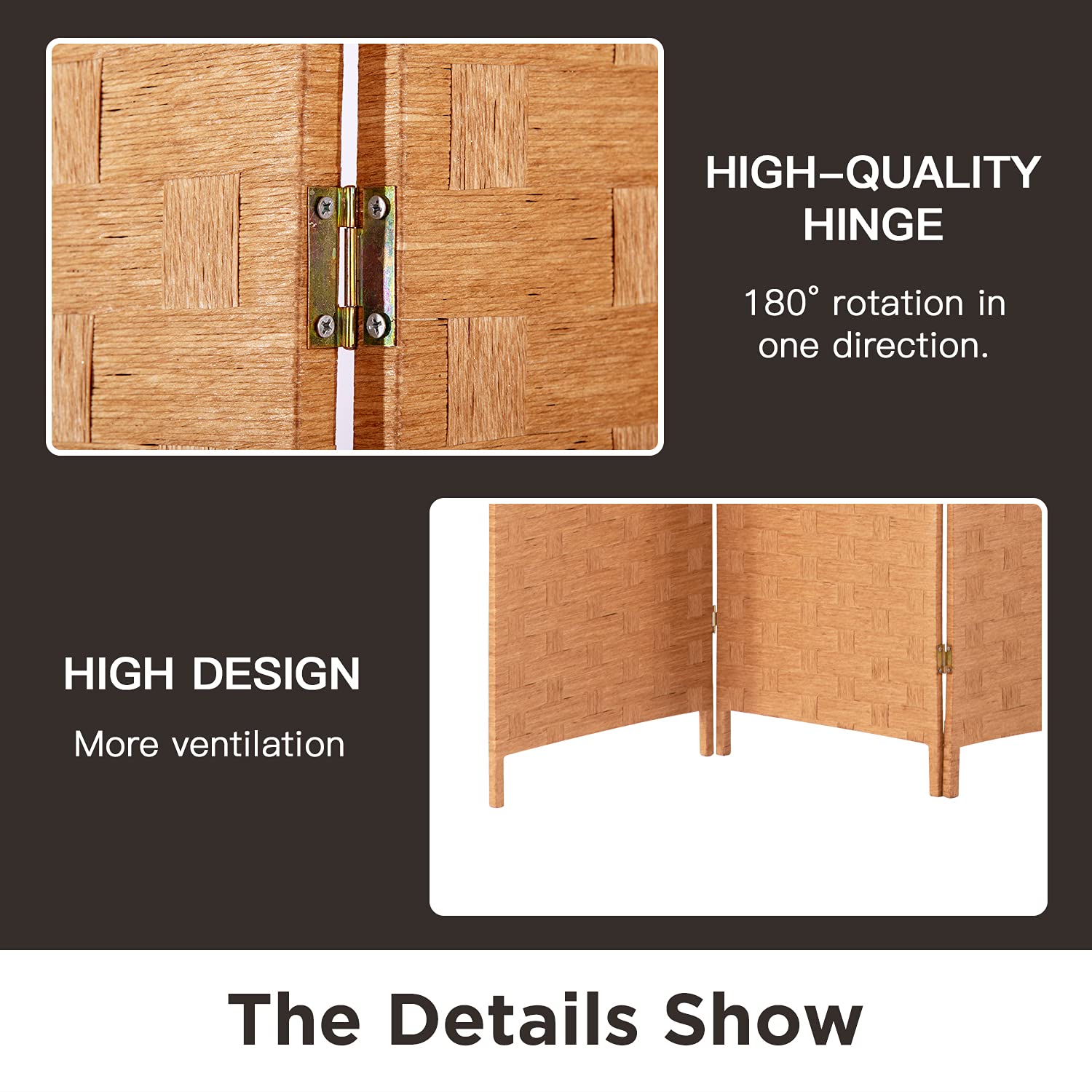 FDW wood mesh 4-panel divider close-up reveals warm wood texture.