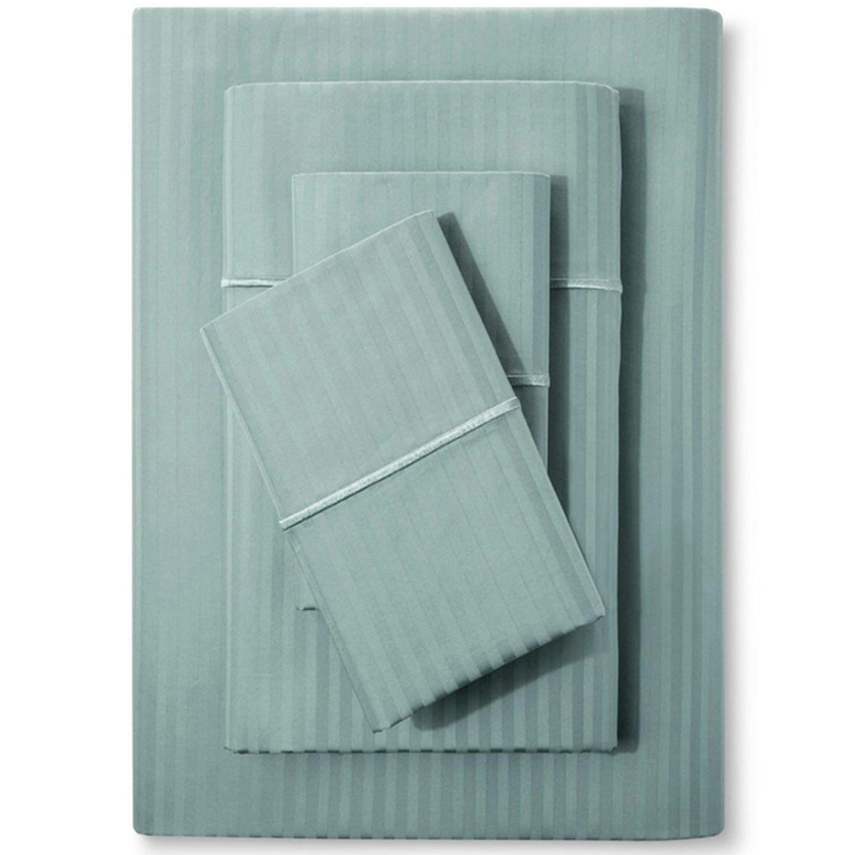 Feather & Stitch New York Granite Green Stripe sheet set; breathable cotton with hotel-like feel