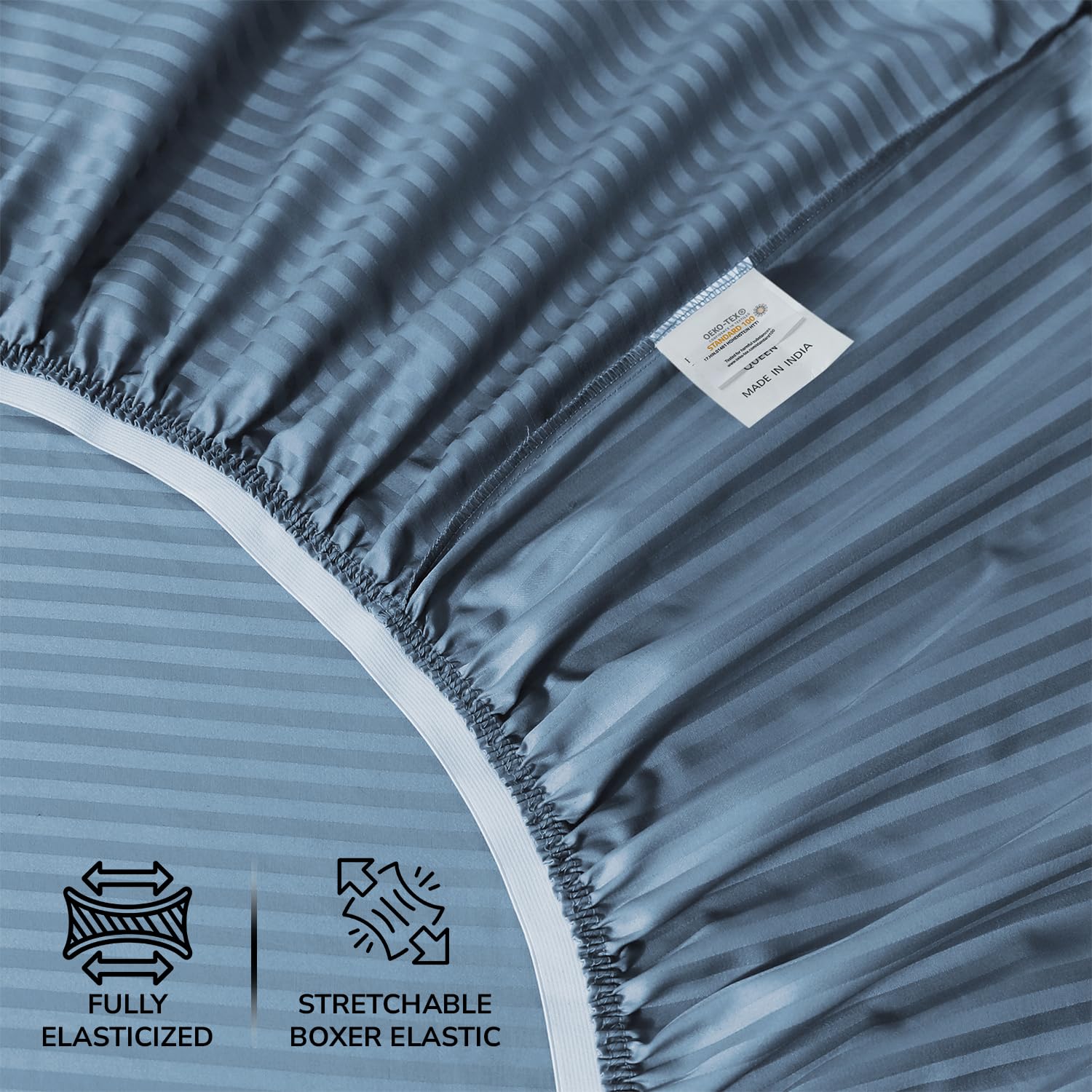 Feather and Stitch New York fitted sheet close-up reveals 18-inch deep pockets for secure fit.