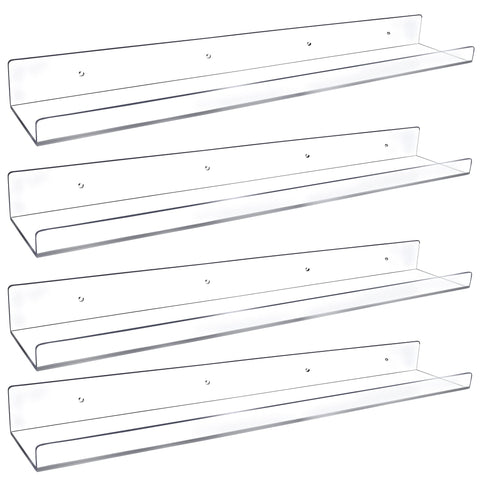 Febwind 24-inch clear acrylic floating shelf mounted on wall for organized display