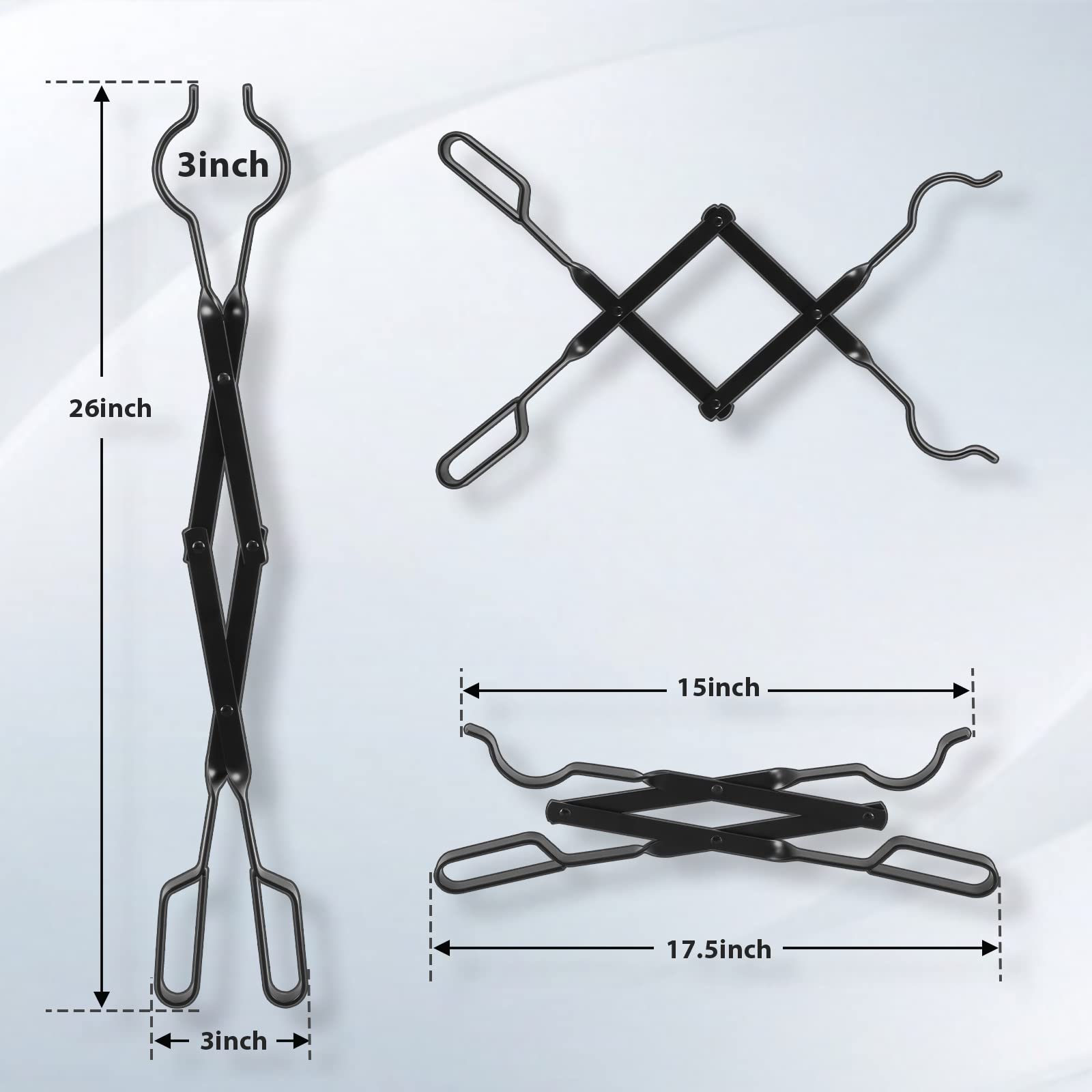 FEED GARDEN 26-inch fireplace tongs opened to 150 degrees for versatile grip.