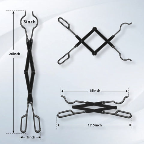 FEED GARDEN 26-inch fireplace tongs opened to 150 degrees for versatile grip.