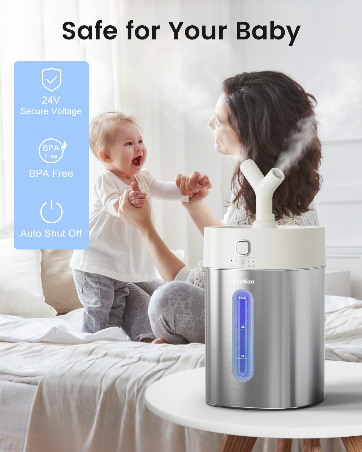 Feekaa whisper-quiet operation with timer and night light for calm nights.