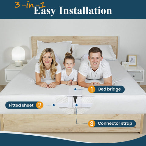 FeelAtHome bed bridge with attached fitted sheet for hidden gap coverage.