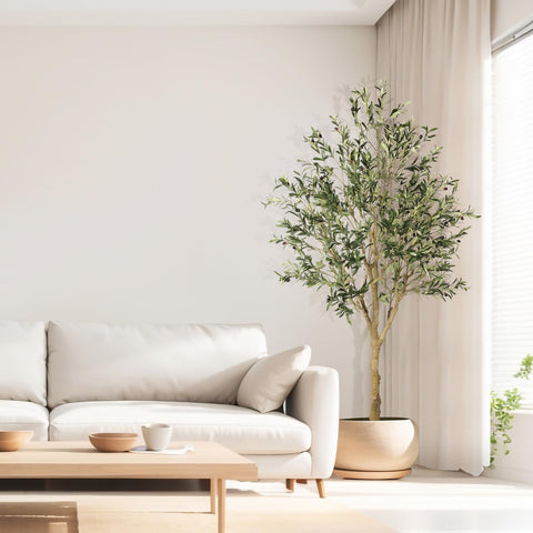 FEELEAD living room setup with 7ft olive tree enhances ambiance