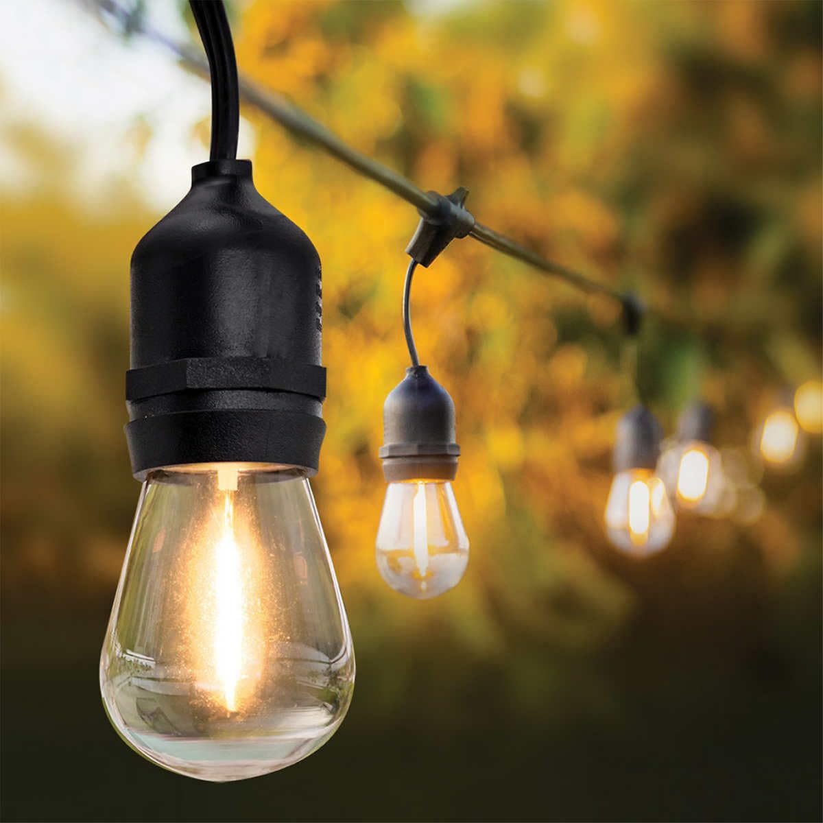 Feit LED string lights create ambient glow for decks and backyard gatherings.