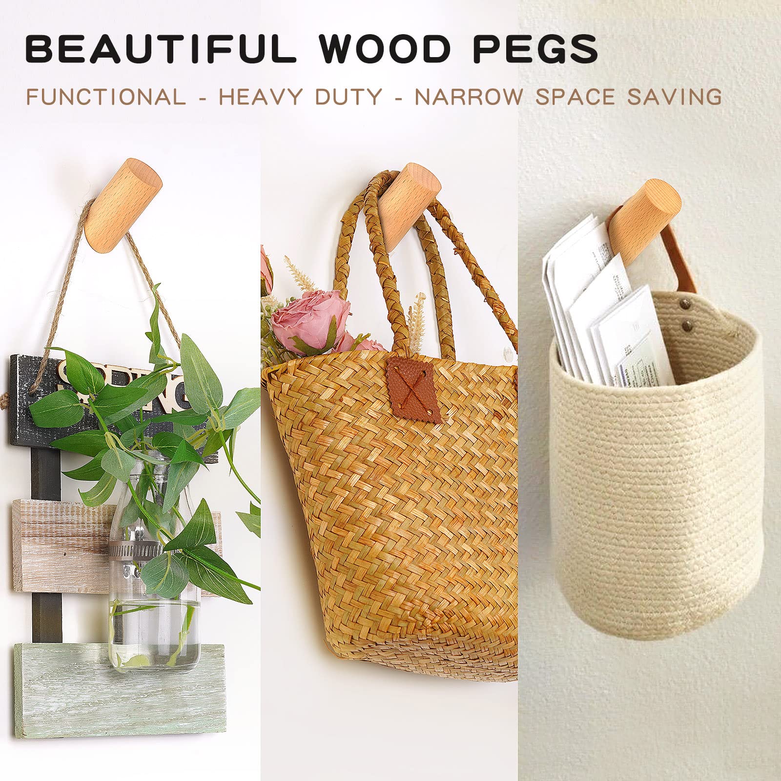 Felidio beech wood wall hooks feature angled pegs for space-saving organization.