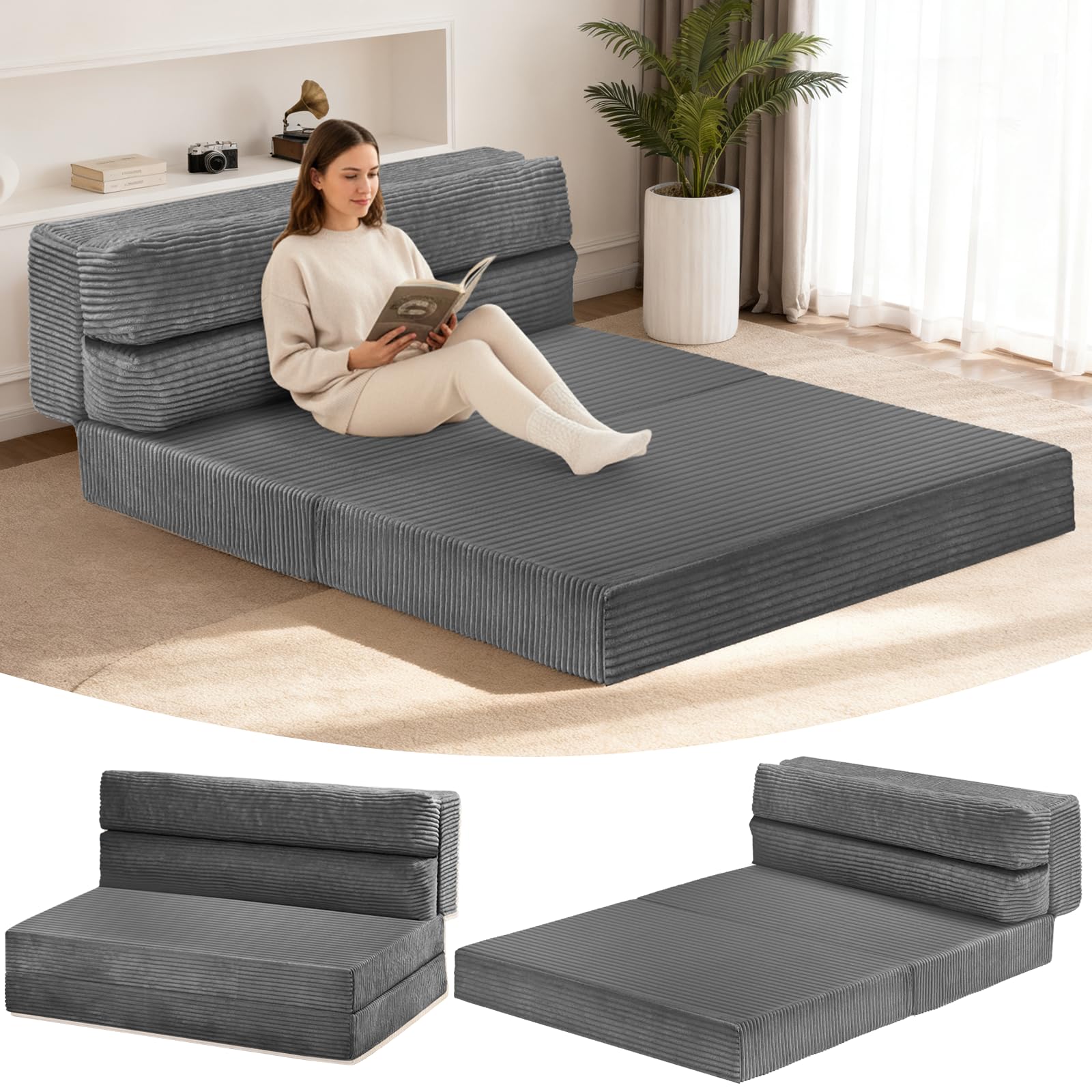 Feliz Home foldable mattress full setup showing 3-in-1 sofa bed configuration