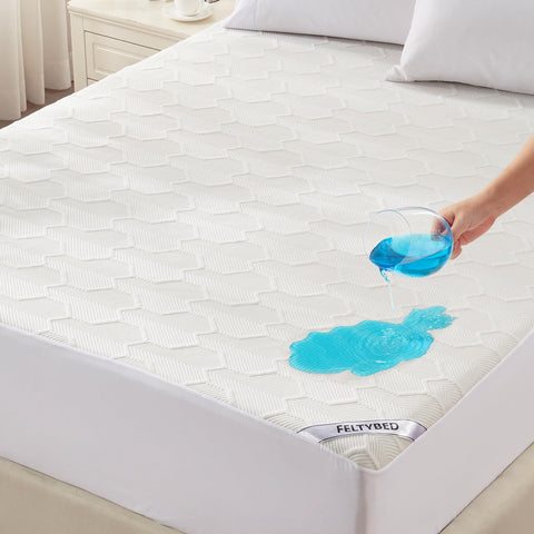 FELTYBED queen-size waterproof mattress protector securely protecting the mattress from spills