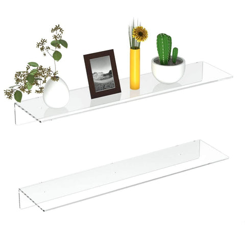 FEMELI 2-pack 24-inch acrylic floating shelves mounted on a wall for sturdy display.