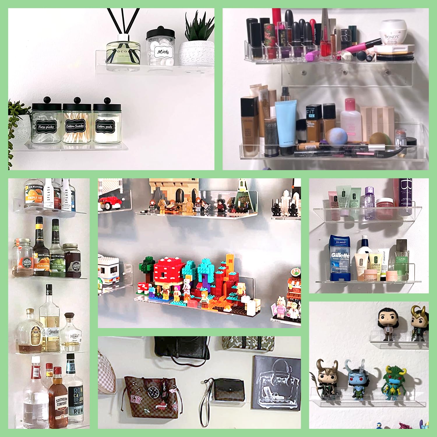 FEMELI wall-mounted shelves display cosmetics and small items elegantly.