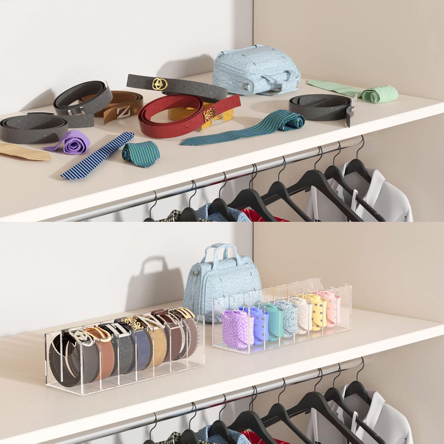 FEMELI belt organizer keeps large buckle belts neatly displayed