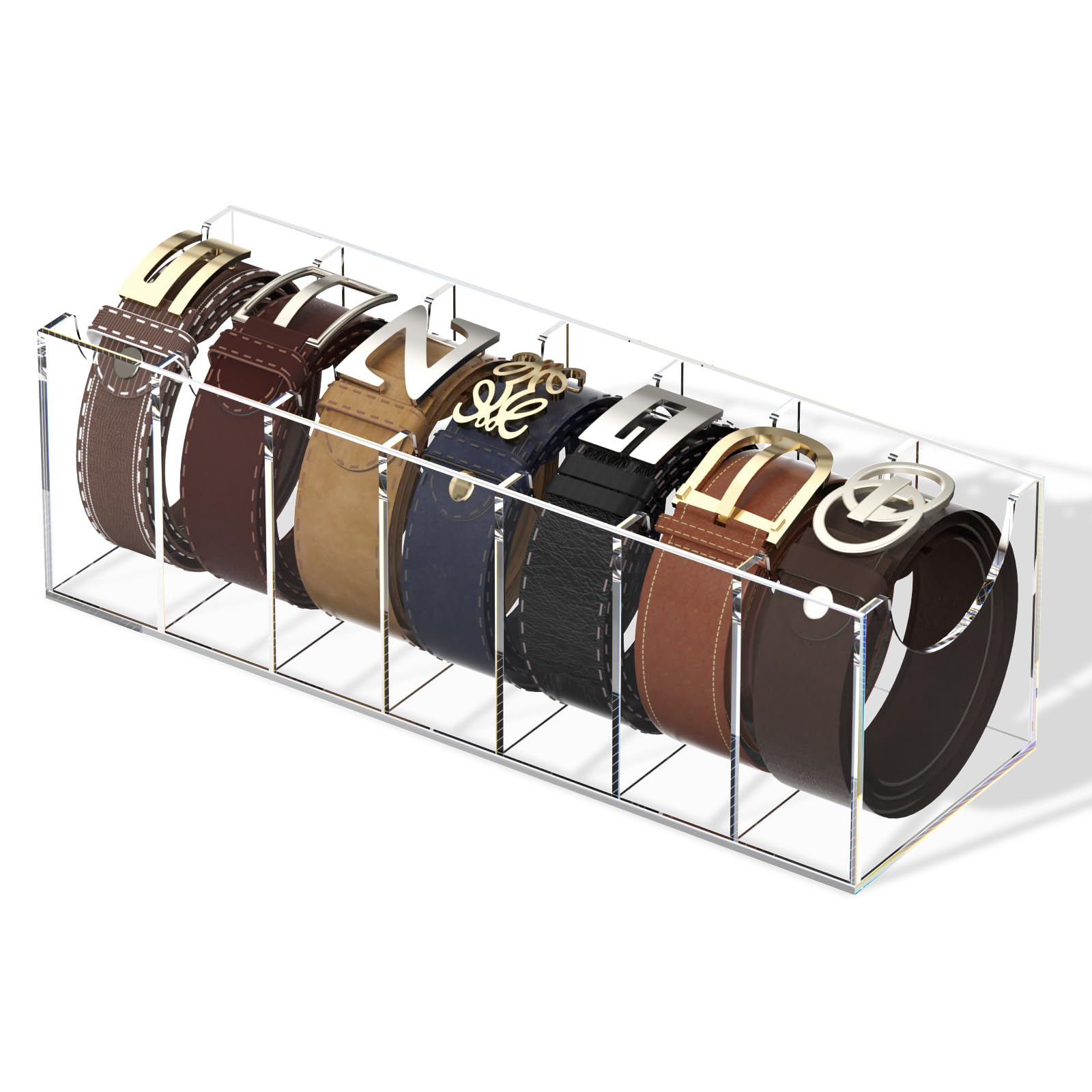 FEMELI belt organizer front view shows seven clear compartments for quick belt selection