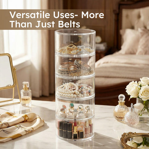 FEMELI transparent acrylic storage solution highlighting the belt display in a modern closet.