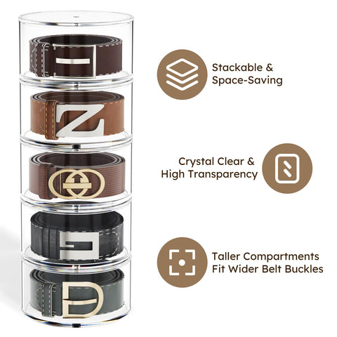 FEMELI roll-up belt storage acrylic with magnetic lids keeps belts neatly organized and protected.