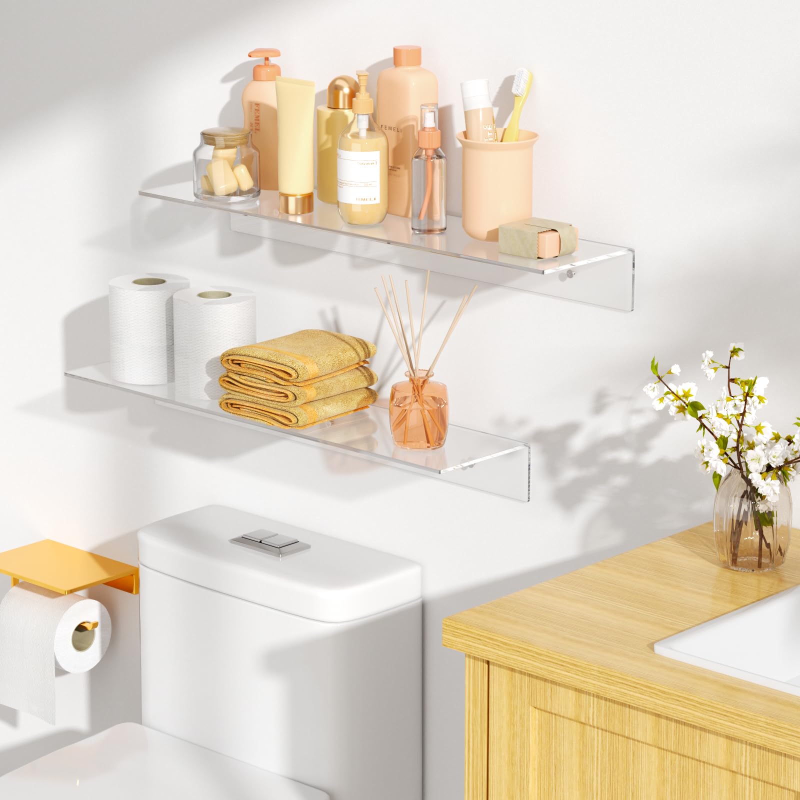 FEMELI transparent shelves create an airy, organized space in any room.
