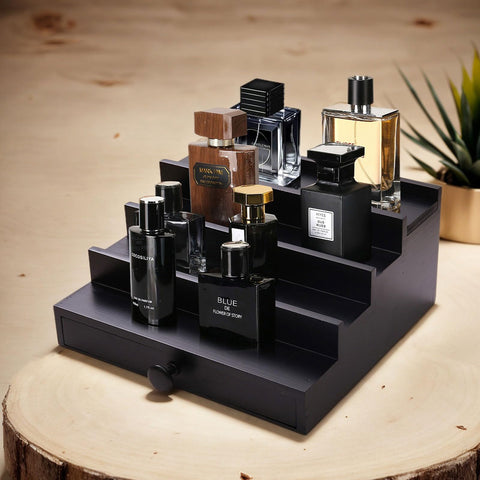 Fengligoo Black Cologne Organizer in a dresser setup blends with decor.