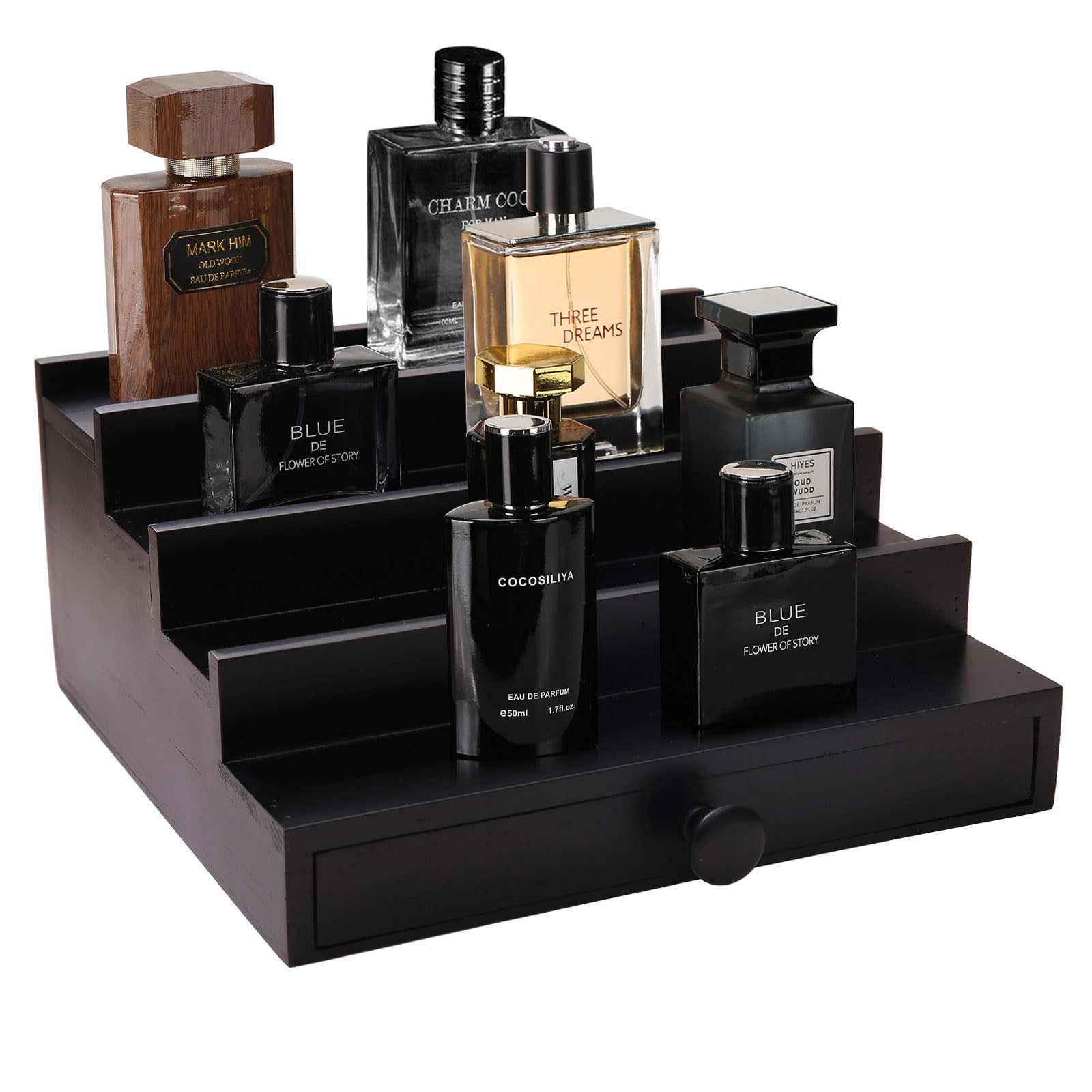 Fengligoo Black Cologne Organizer four-tier display keeps fragrances neatly organized.