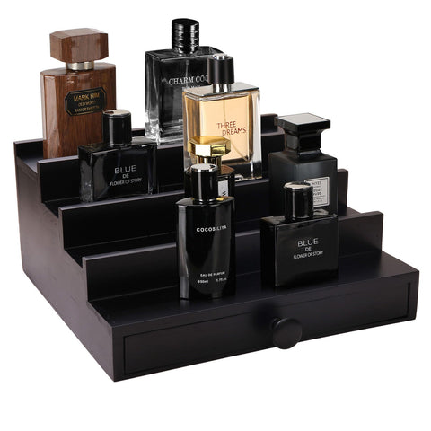 Fengligoo Black Cologne Organizer four-tier display keeps fragrances neatly organized.