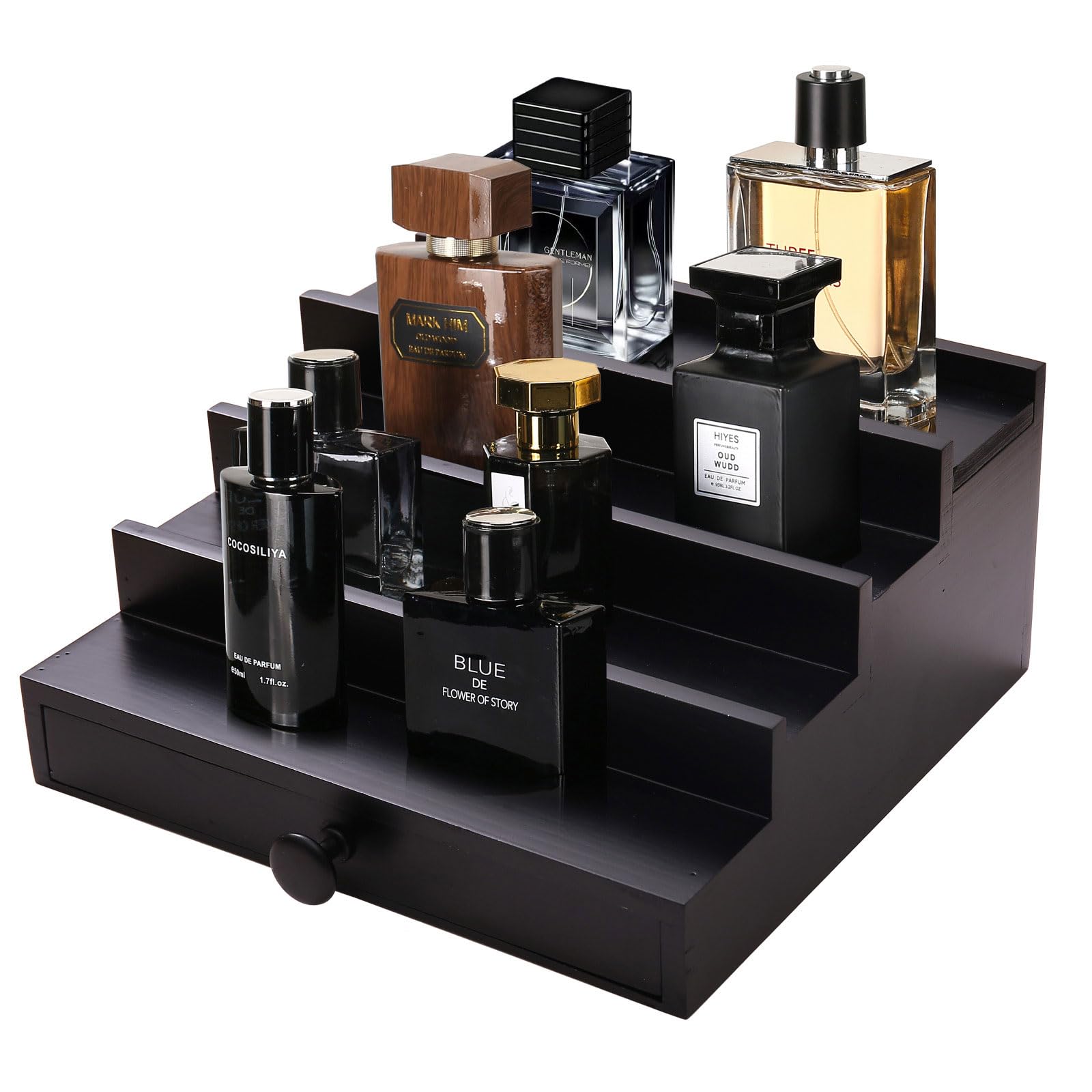 Fengligoo Black Cologne Organizer front view with 4-tier display for easy fragrance access.