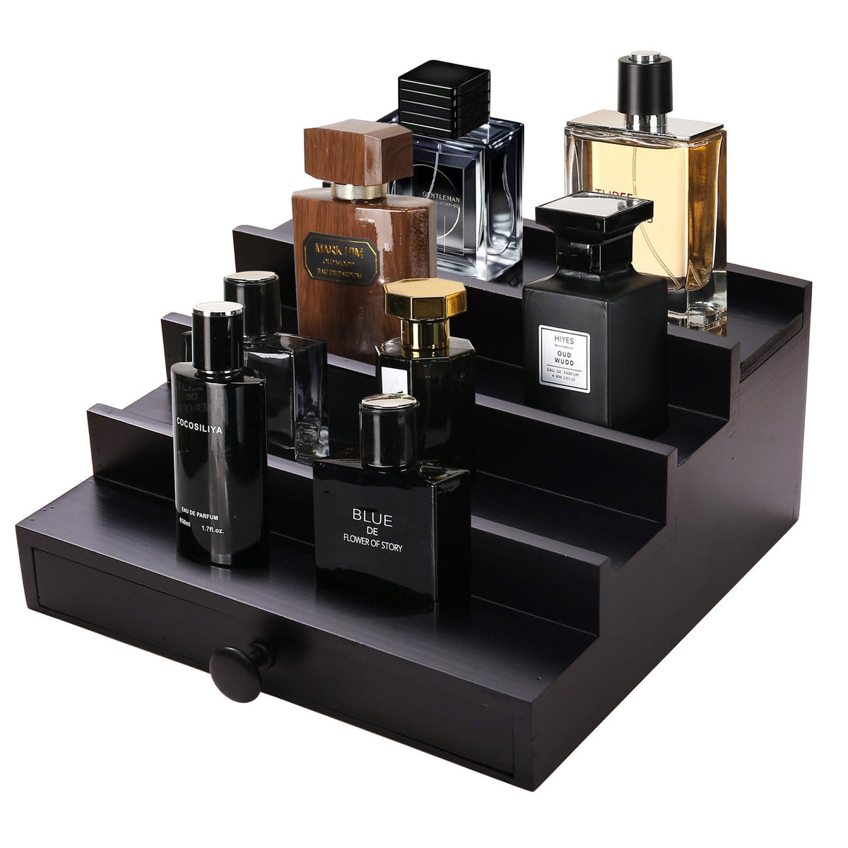 Fengligoo Black Cologne Organizer front view with 4-tier display for easy fragrance access.