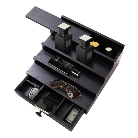 Fengligoo Black Cologne Organizer side view highlights sturdy solid wood craftsmanship.