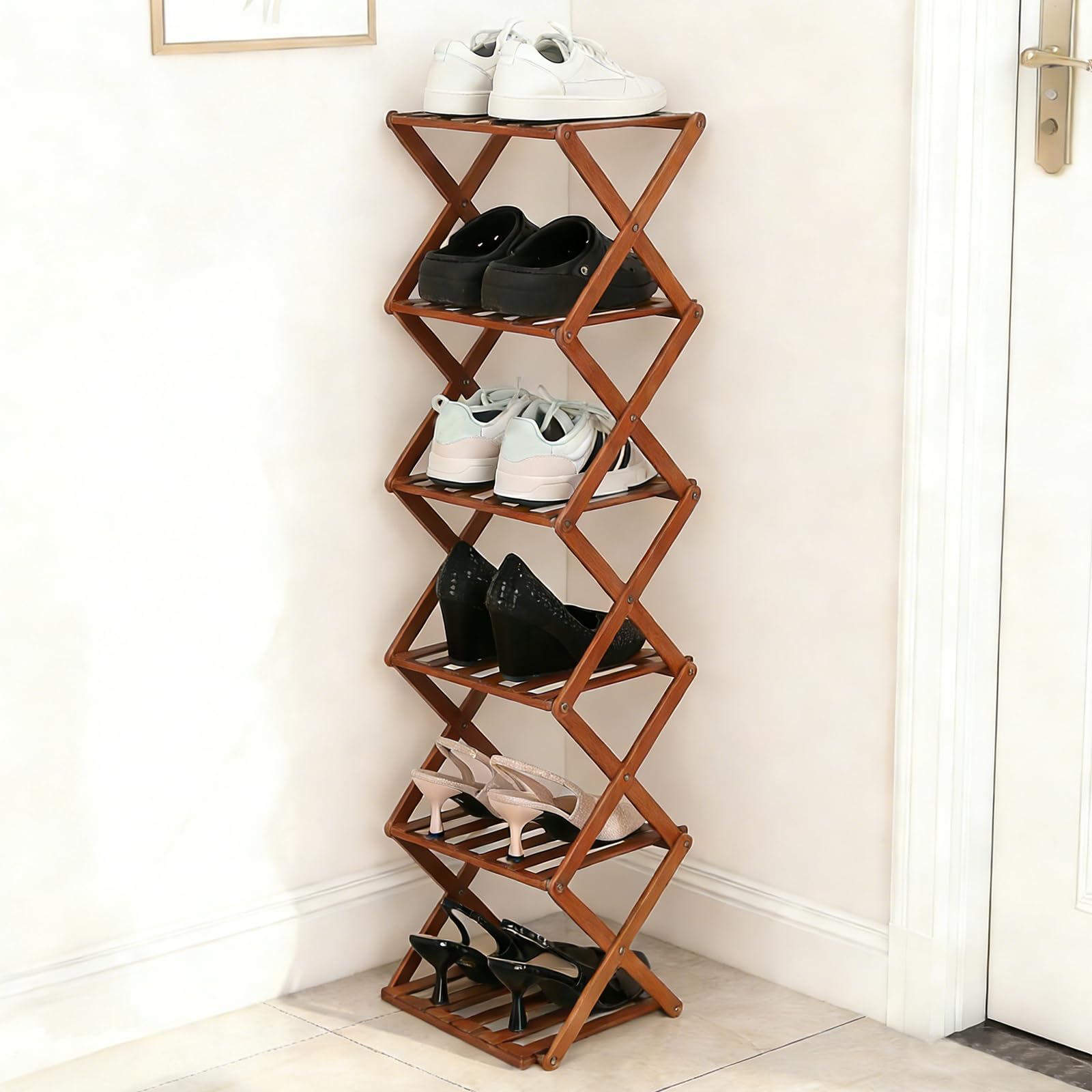 Fengzhizhu bamboo shoe rack 6-tier in compact footprint stores six pairs neatly