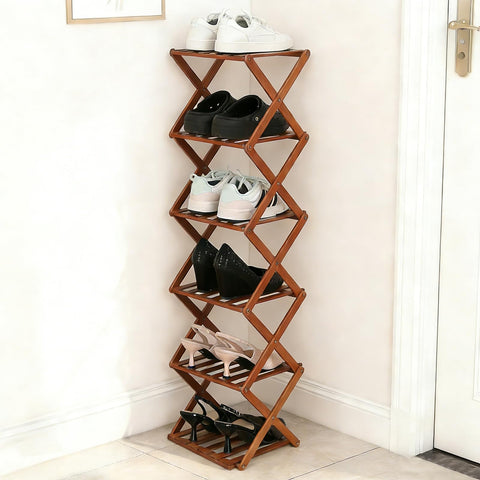 Fengzhizhu bamboo shoe rack 6-tier in compact footprint stores six pairs neatly