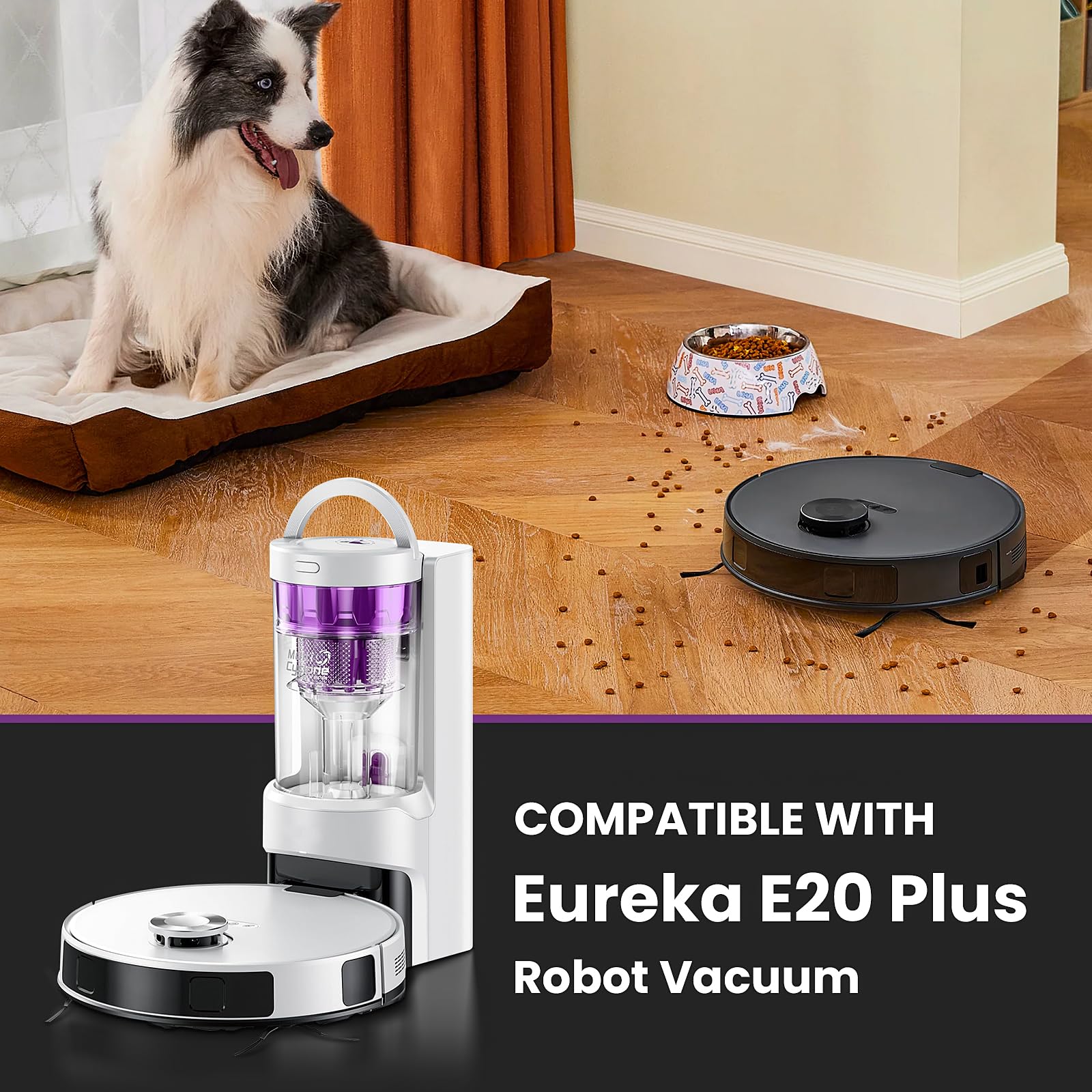 Fenkabs Eureka E20 Plus edge-sweeping brushes capturing corner debris for a deeper clean.
