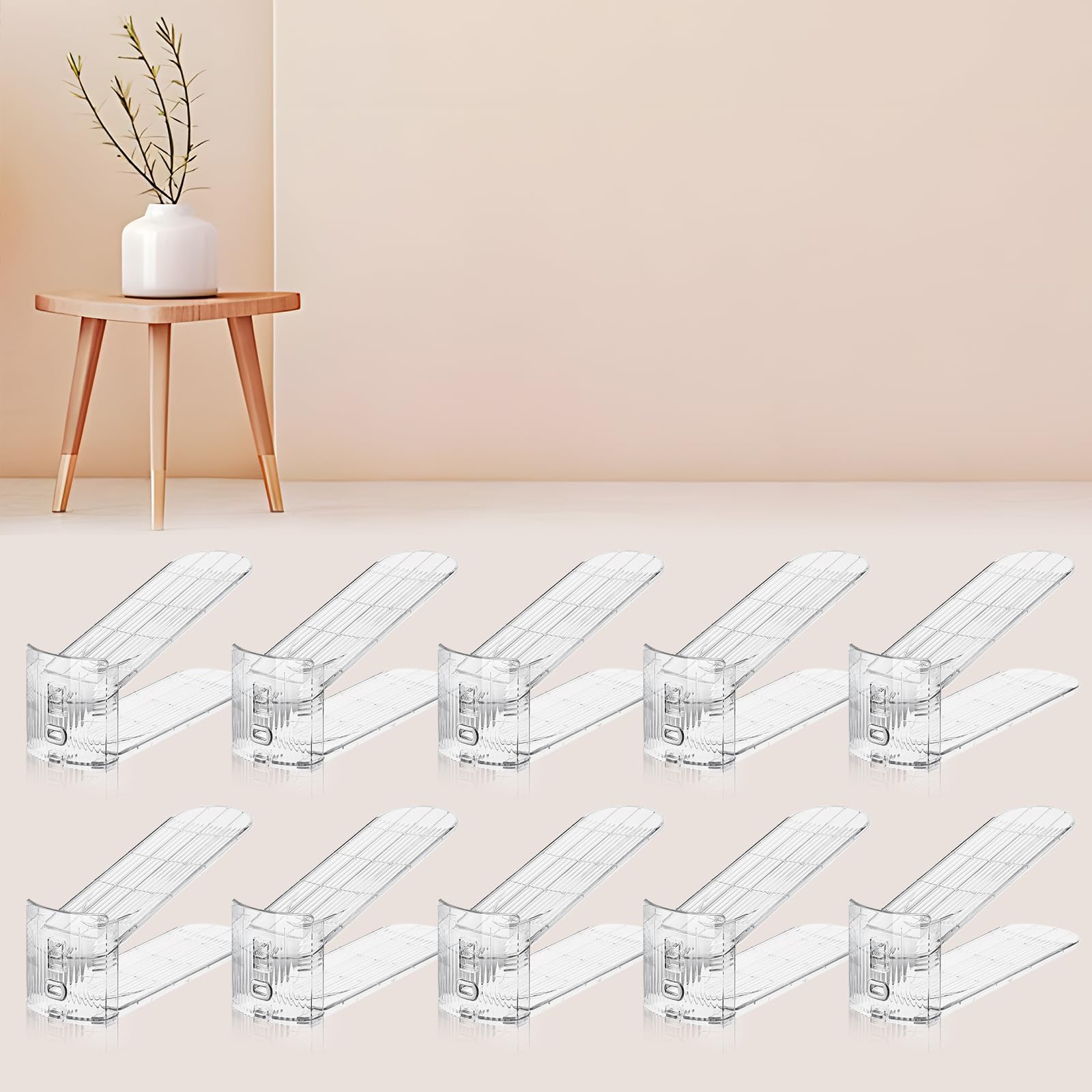 FENRUNXU 10-pack transparent shoe stacker organizes pairs in a compact closet