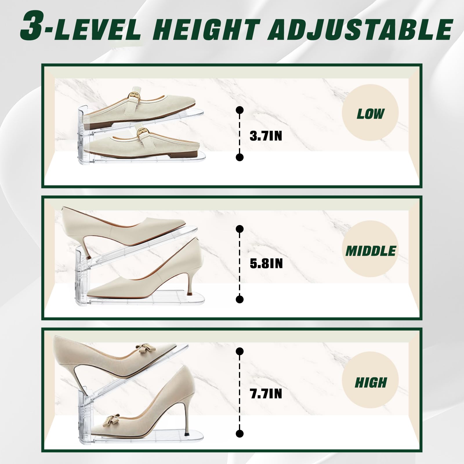 FENRUNXU flat base provides stable stacking for neat footwear storage.