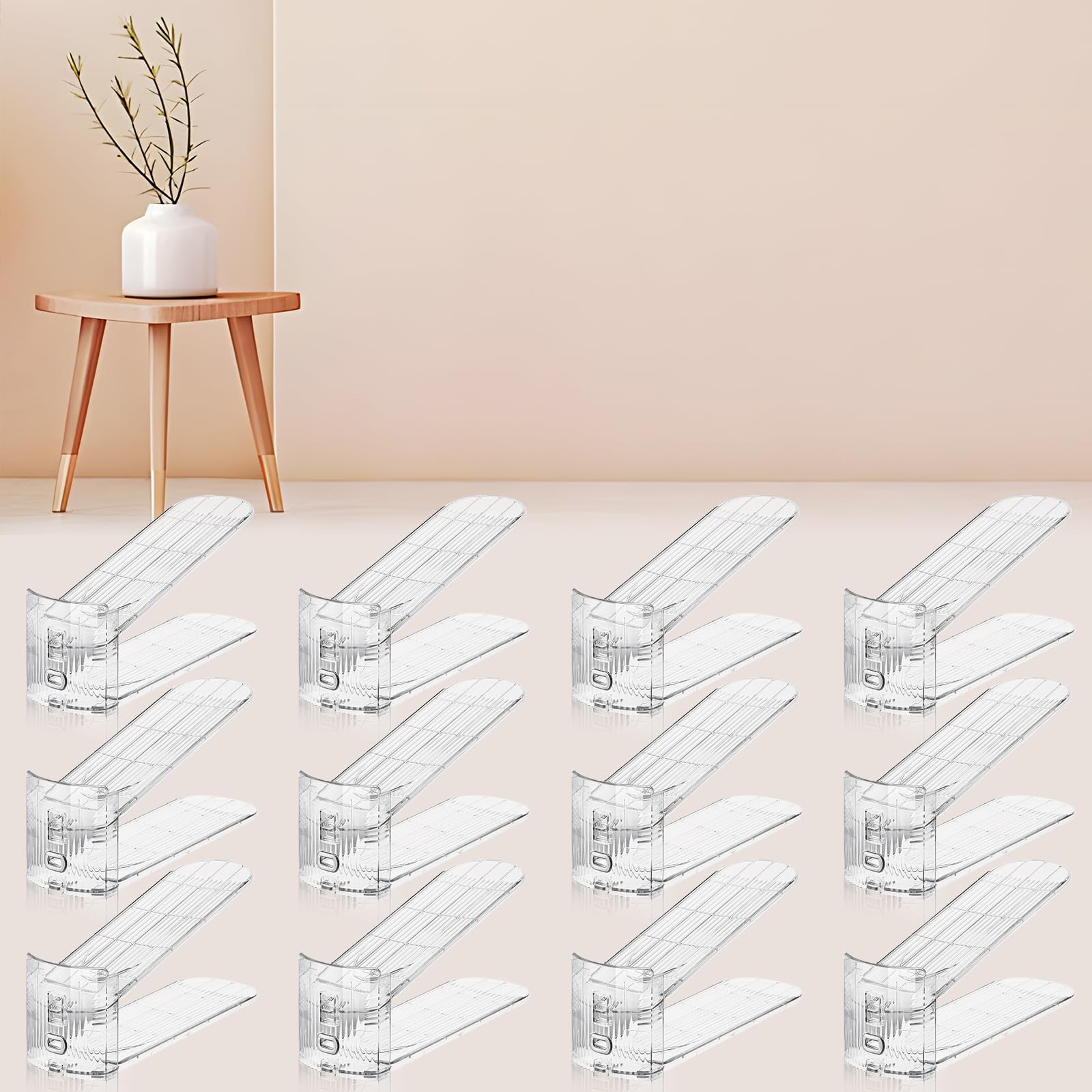 FENRUNXU shoe slots organizer 12-pack keeps closet neatly stacked for quick shoe access.