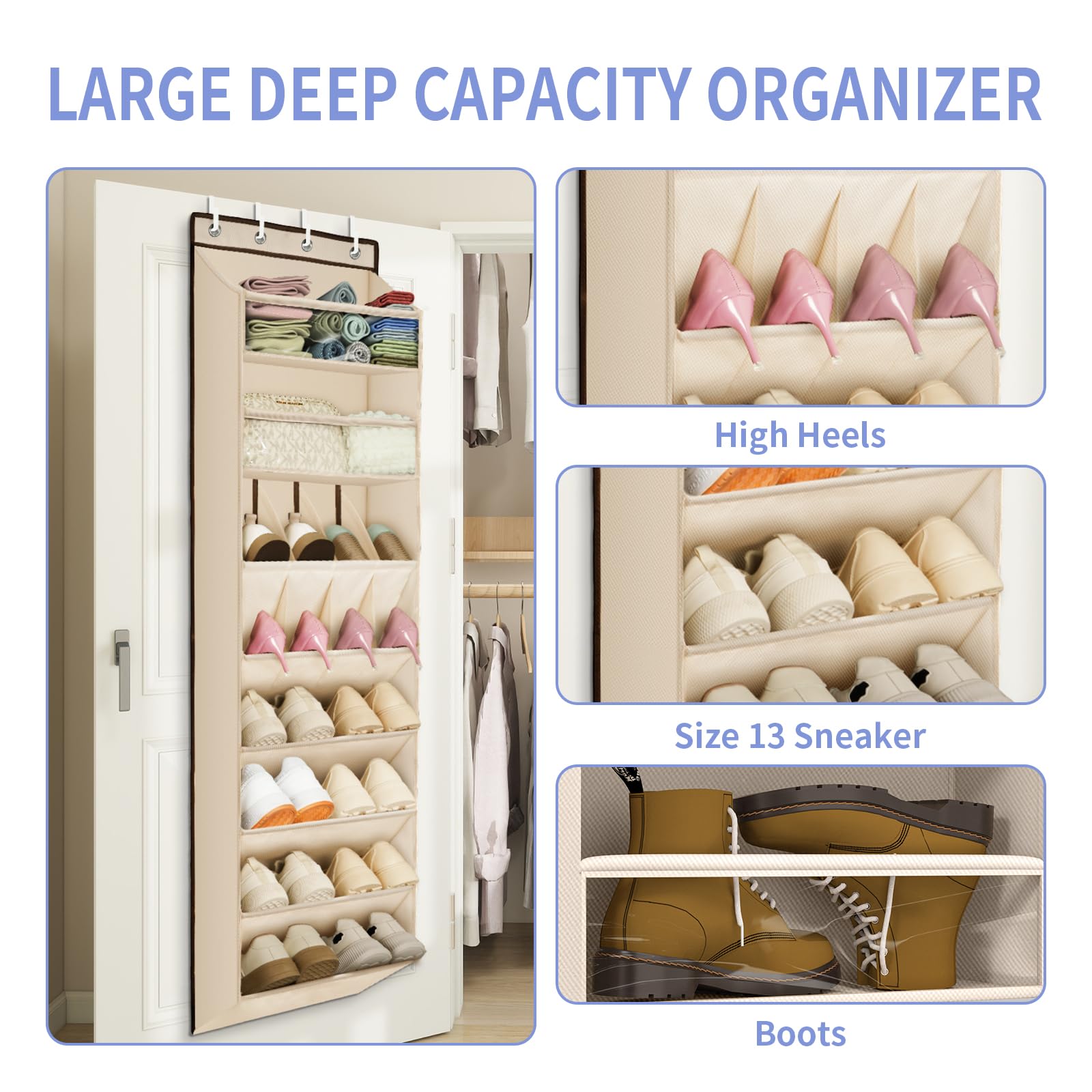 FENTEC deep-pocket shoe rack showing 9-inch depth for boots and sneakers