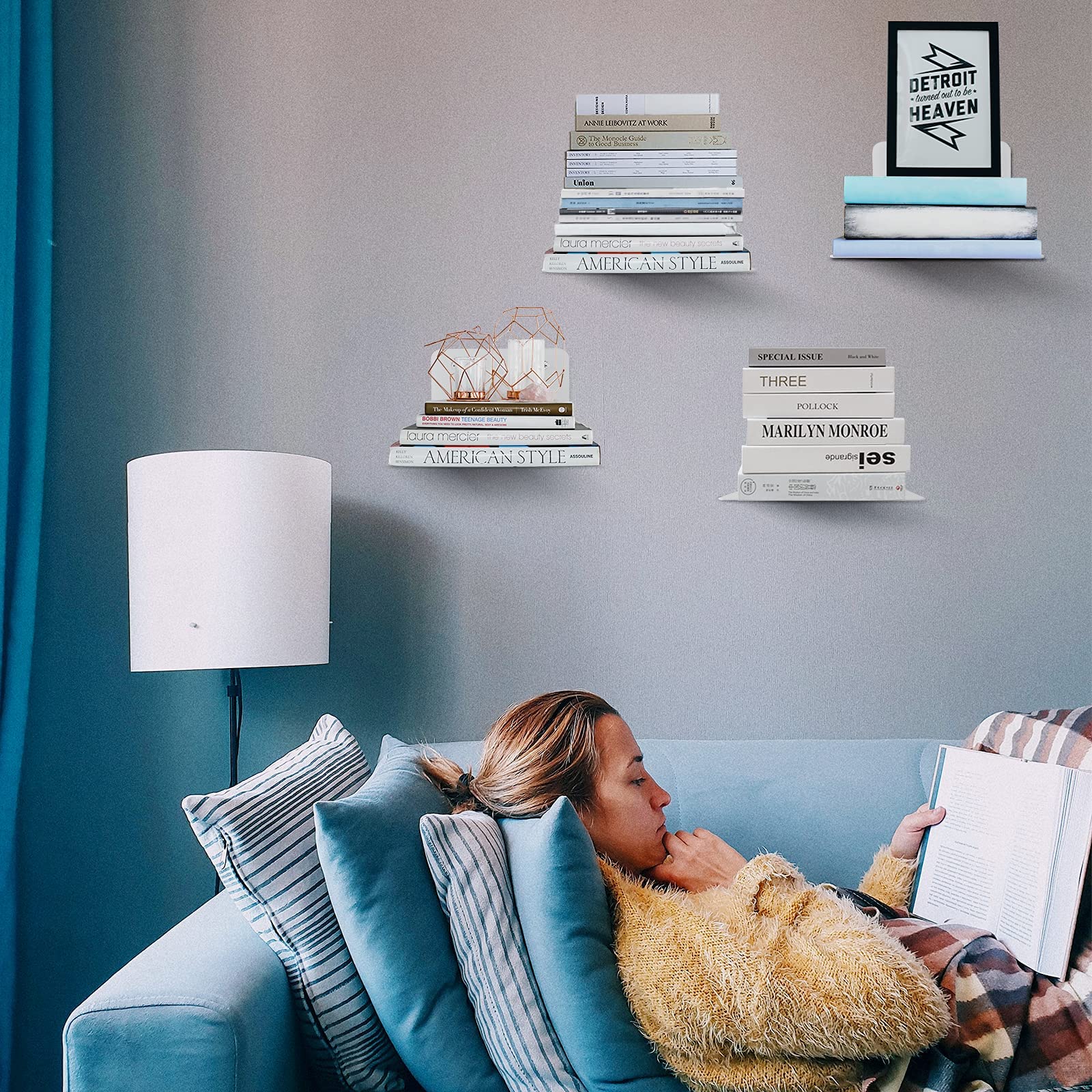 FENTEC invisible floating bookshelf 4-pack side view highlights sturdy, rust-resistant construction.