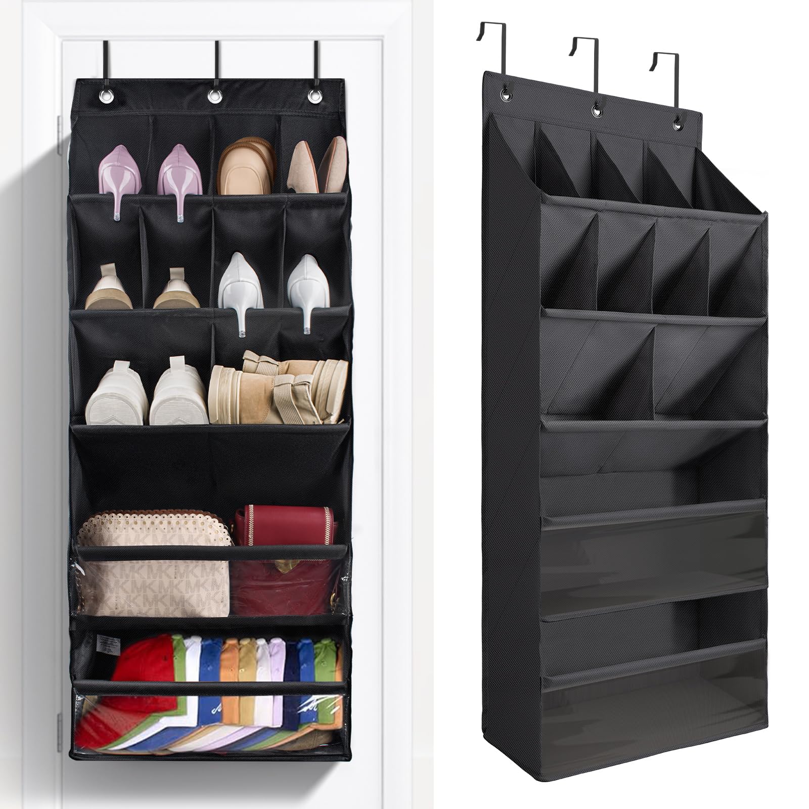 FENTEC over-the-door shoe organizer front view with 12 pockets for organized closet storage
