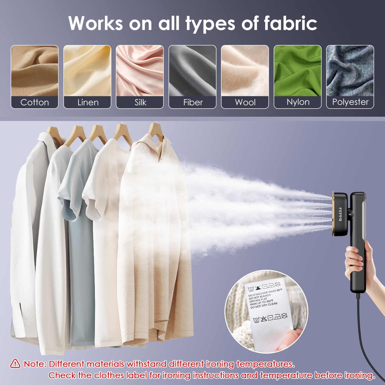 FEPPO 2-in-1 dry iron steamer settings for fabrics.