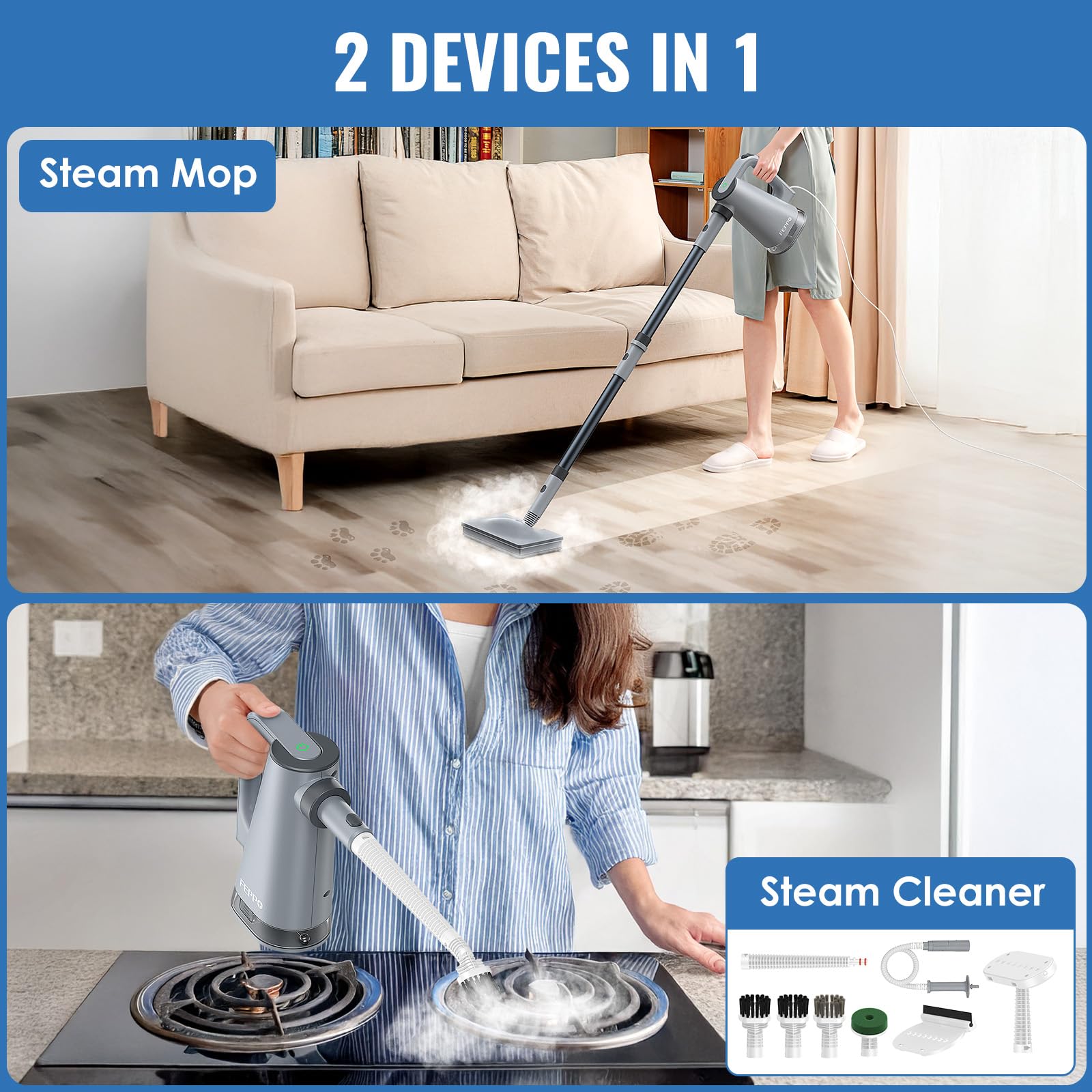 FEPPO handheld steam cleaner in action for quick spot cleaning