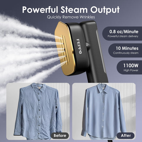 FEPPO rapid steam action at 1100W for quick wrinkle release.