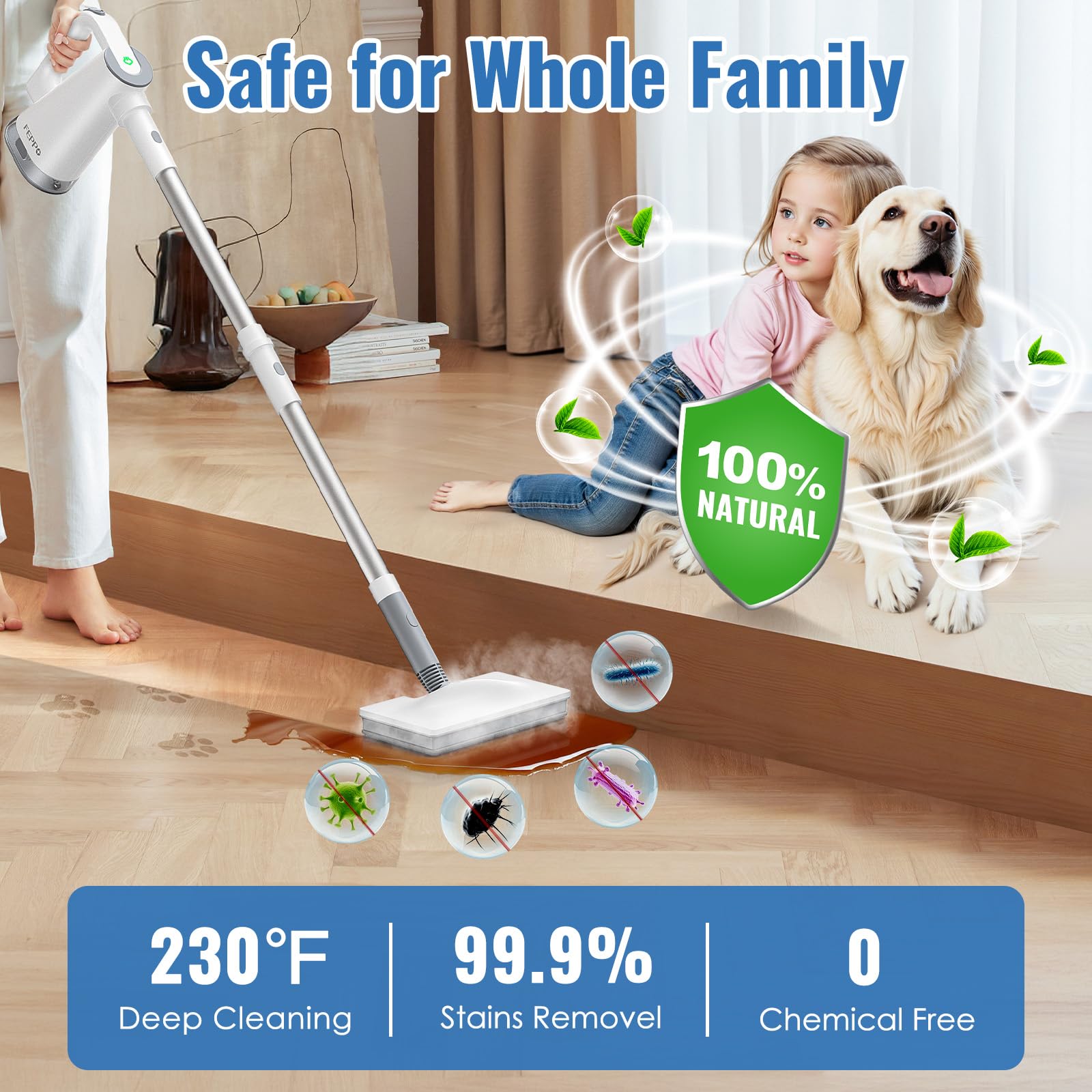 FEPPO Steam Mop 230°F steam deeply penetrates floors for tough grime.