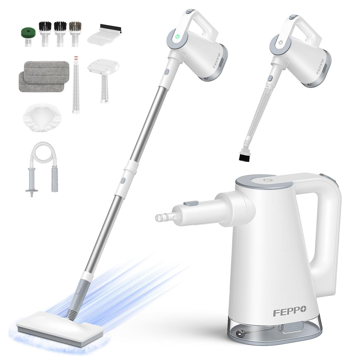 FEPPO Steam Mop all-in-one design demonstrates seamless floor-to-handheld versatility.