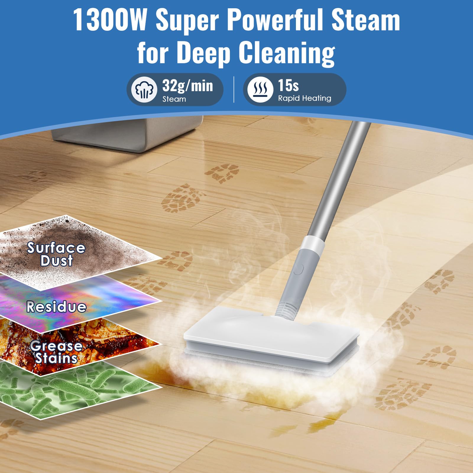 FEPPO Steam Mop heat-up 15s demonstrates rapid start for quick cleanups.