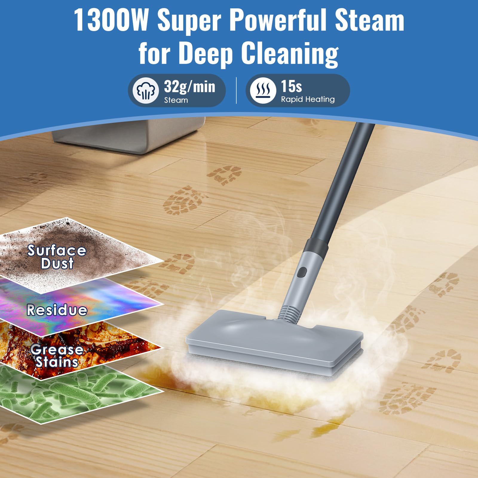 FEPPO steam mop 15s heat-up enables instant spot cleaning