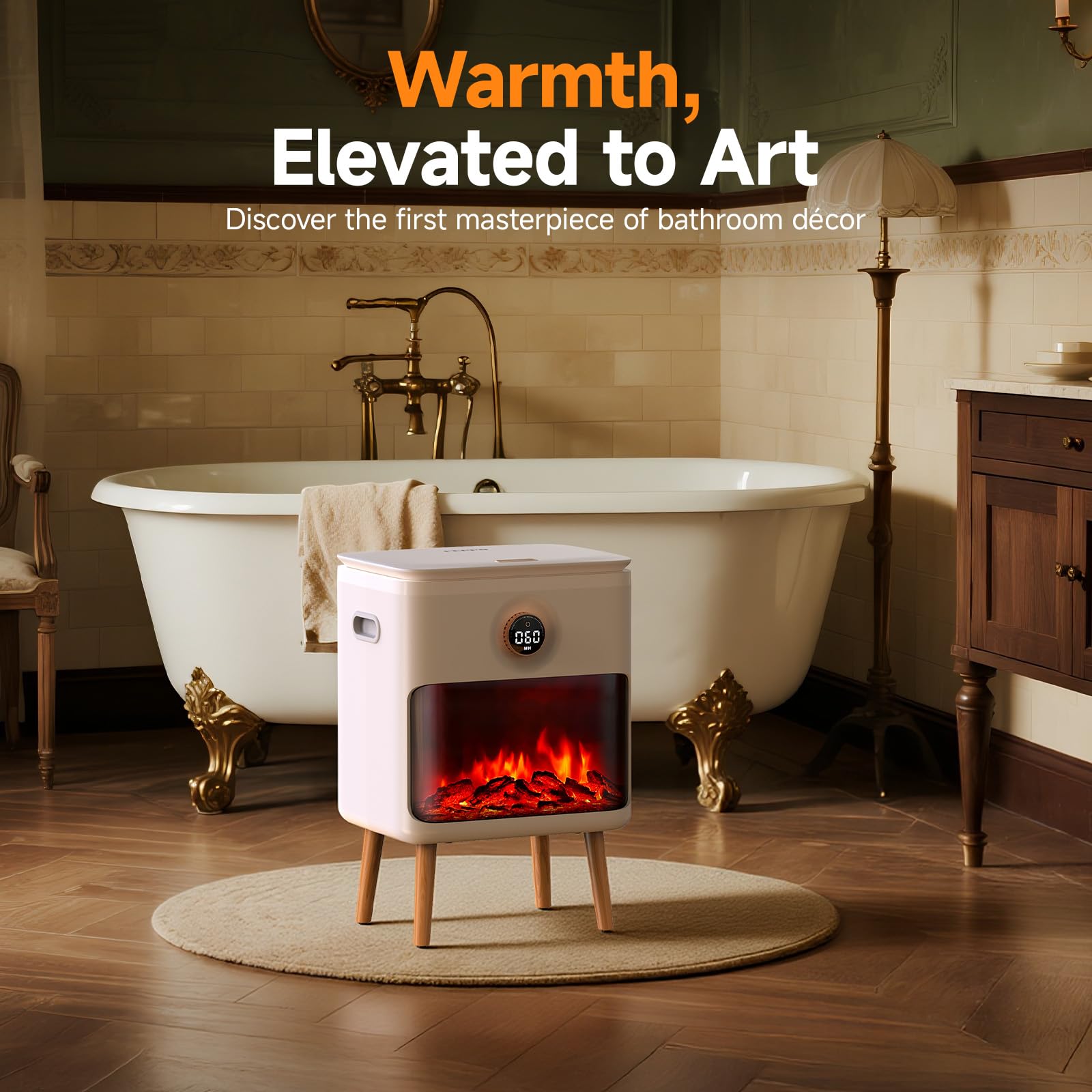 FEPPO towel warmer flame display creates spa-like ambiance.