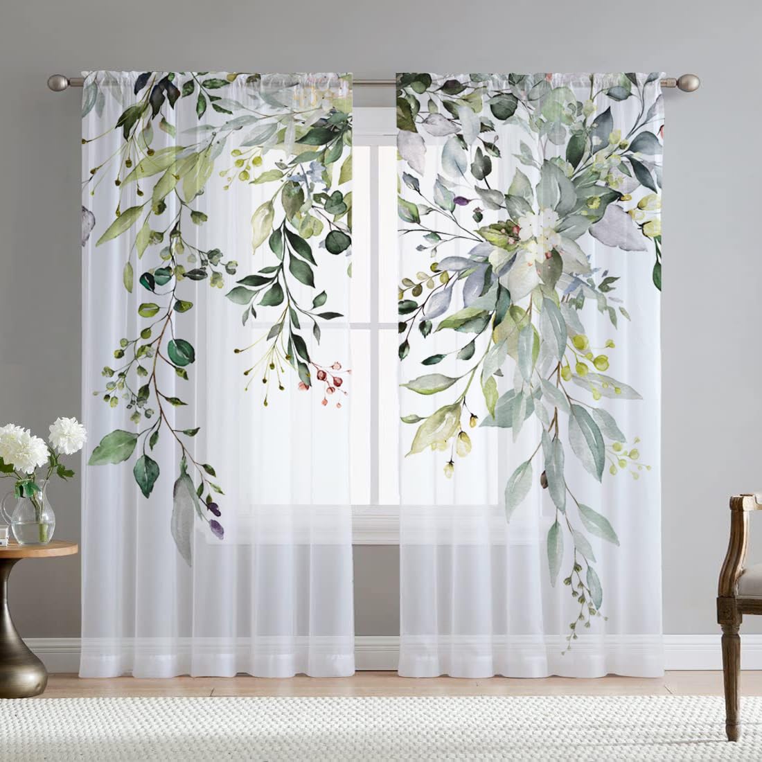 Fereyis green eucalyptus leaves curtains for living room with soft chiffon drape