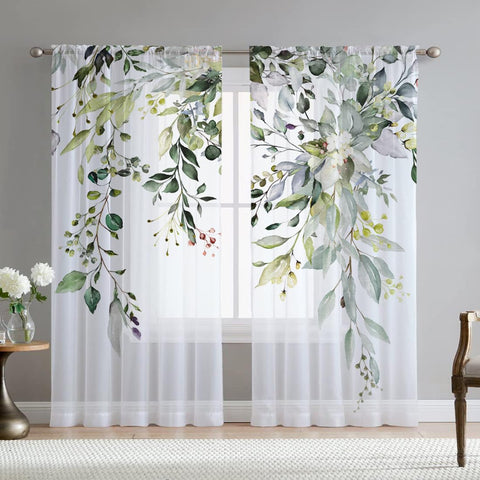 Fereyis green eucalyptus leaves curtains for living room with soft chiffon drape