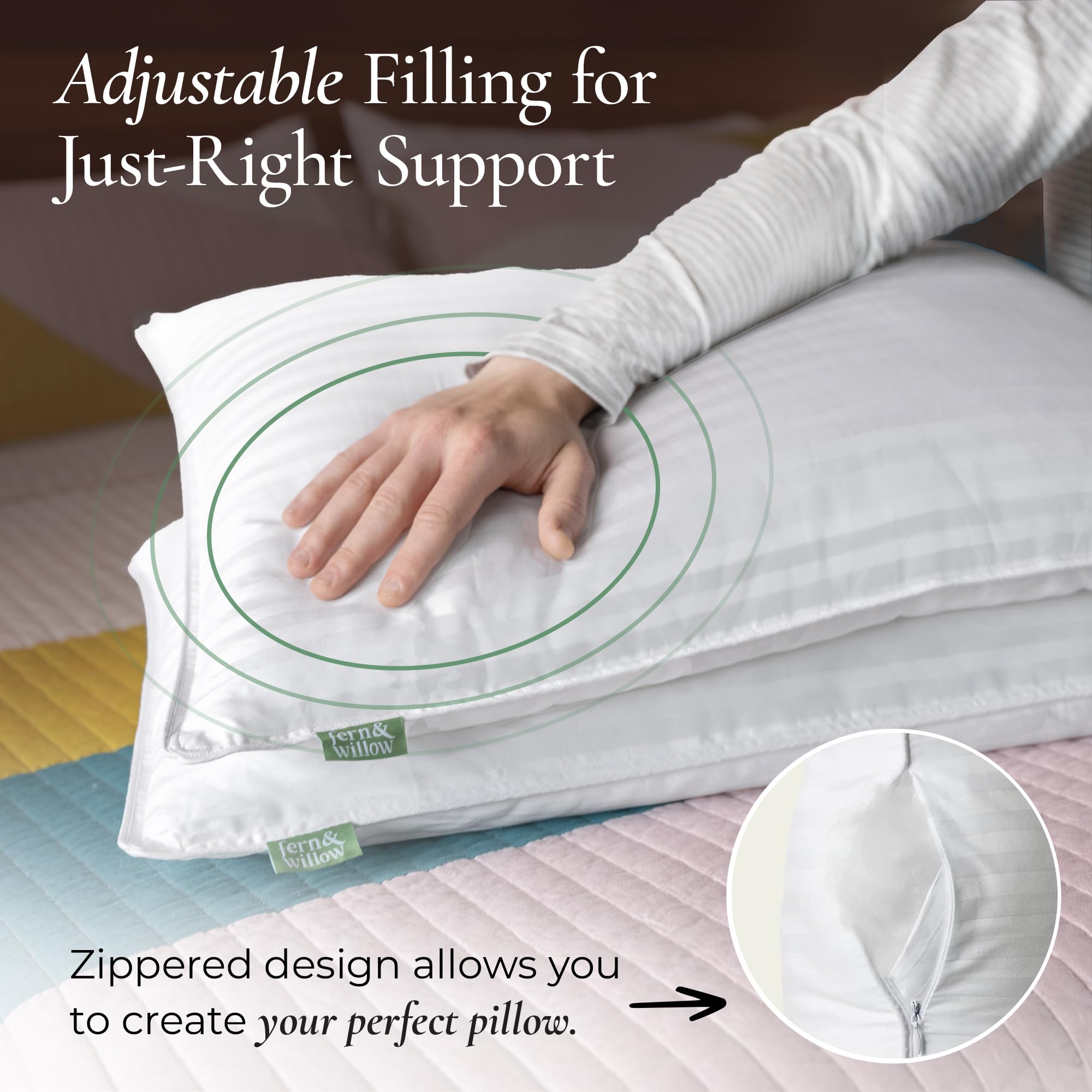 Fern and Willow hotel-quality pillows paired for guest room luxury.