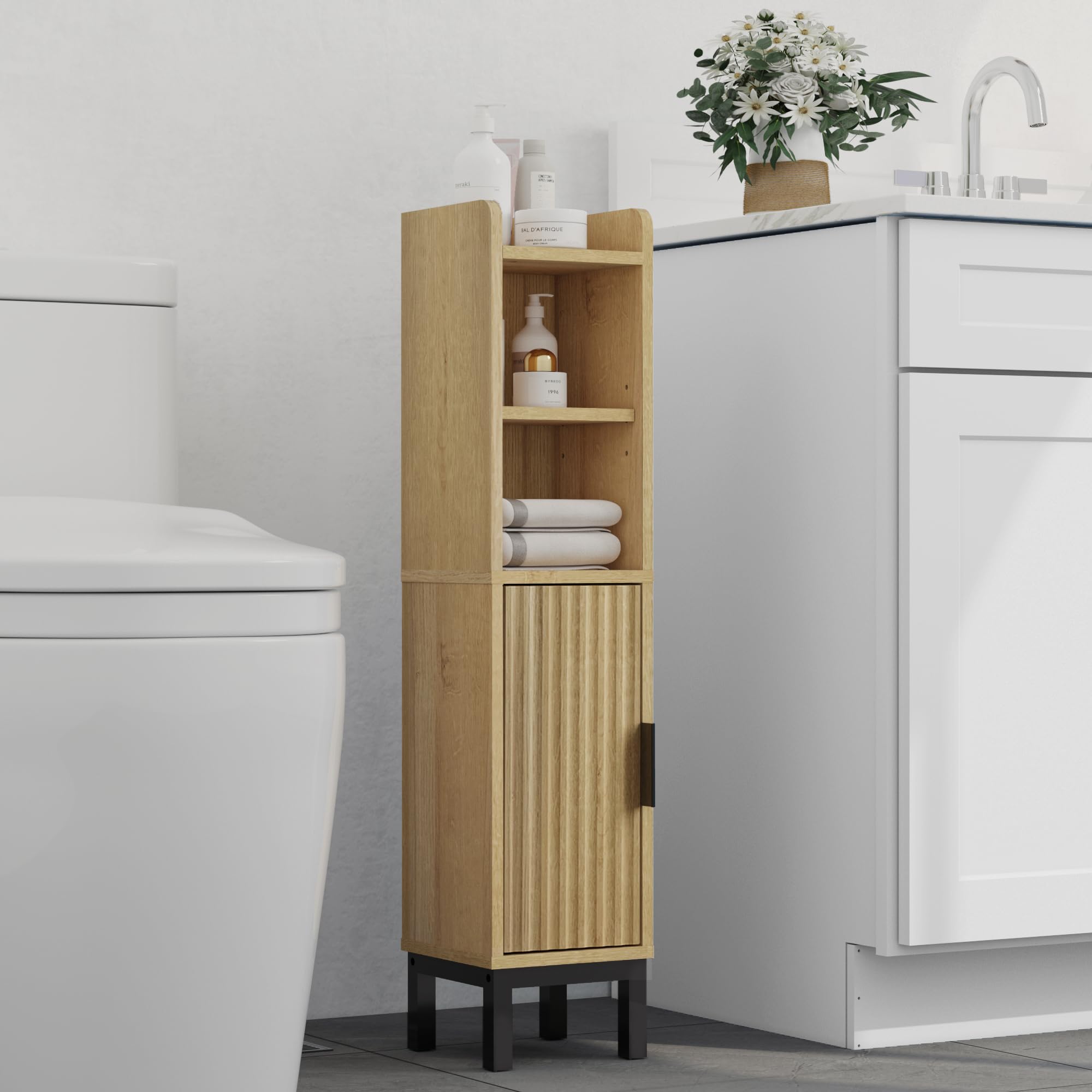 FerniTry corner narrow toilet paper cabinet with door provides concealed storage