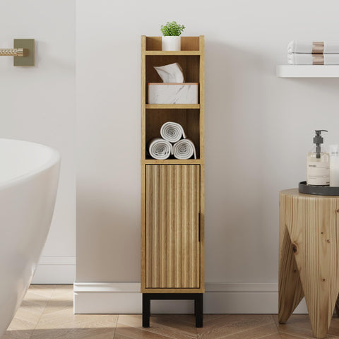 FerniTry oak finish cabinet fits a tight corner for tidy bathroom storage