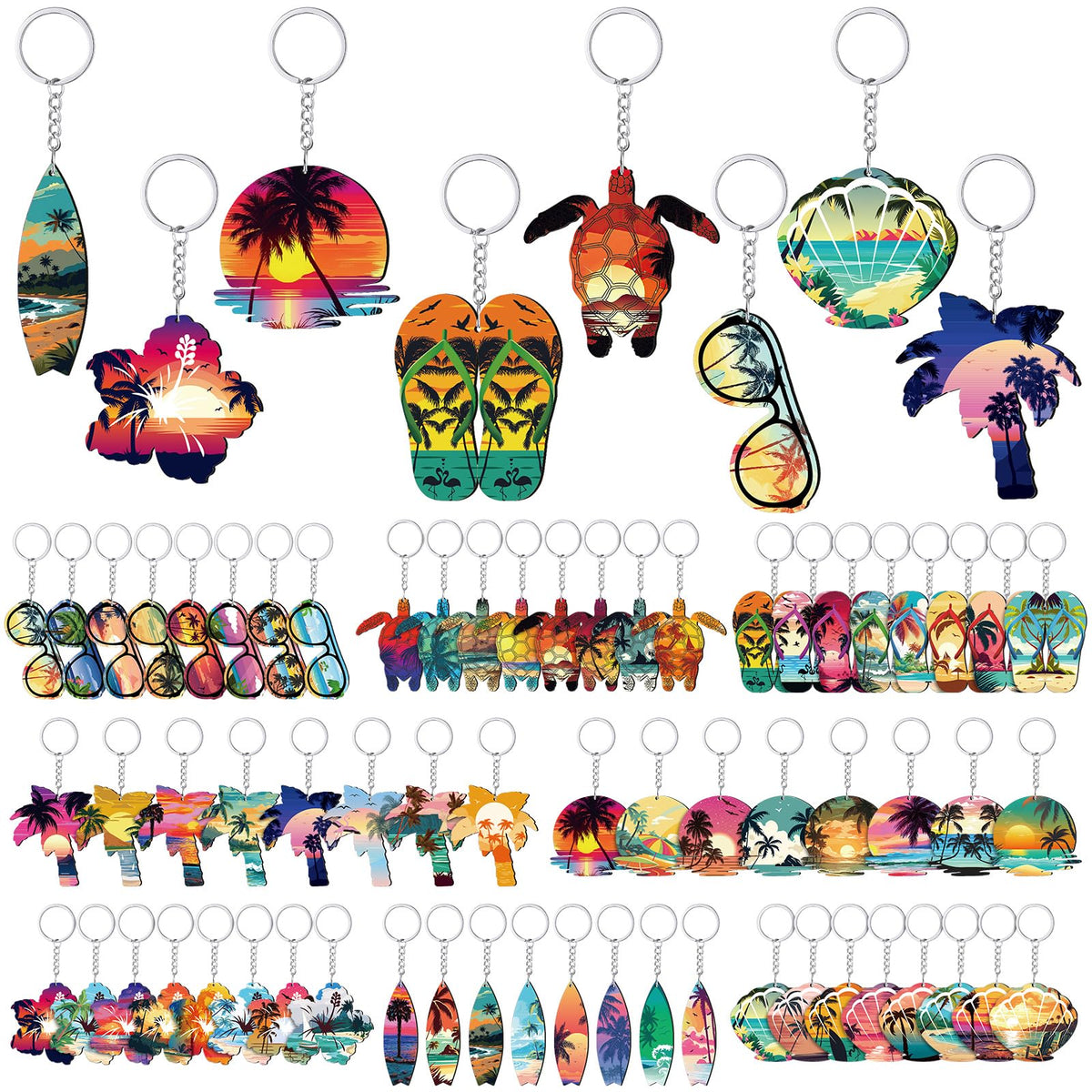 Ferreve surfboard wooden keychain, tropical design for beach party favors