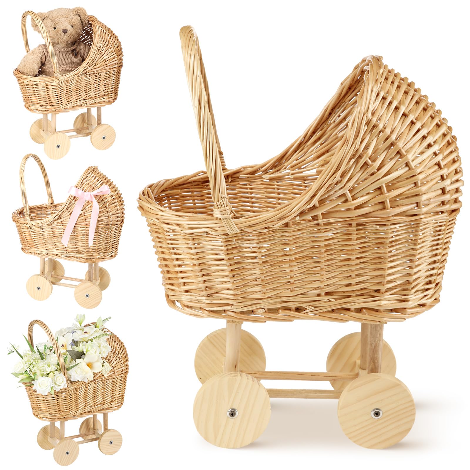 Ferrochef Wicker Carriage in wood color for elegant floral displays and rustic decor